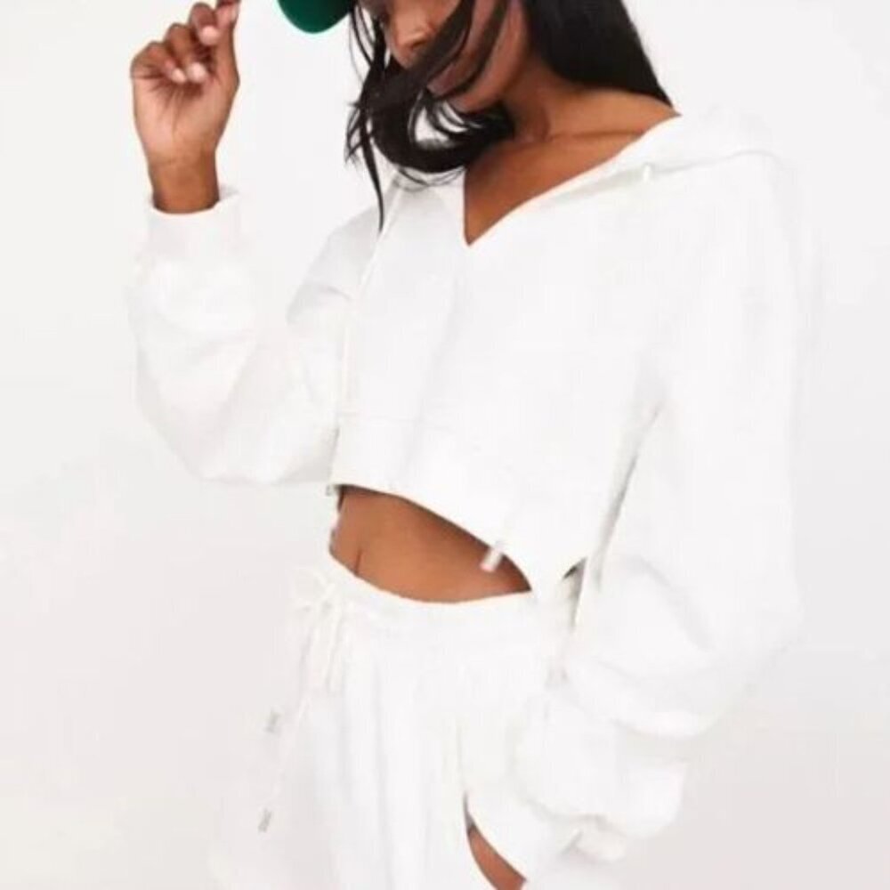 New! For Love & Lemons White Harper Crop Hoodie Size Large 23987